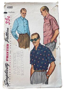 Vintage 50s Simplicity 4981 Sewing Pattern Medium Men's Sport Shirt Retro CUT
